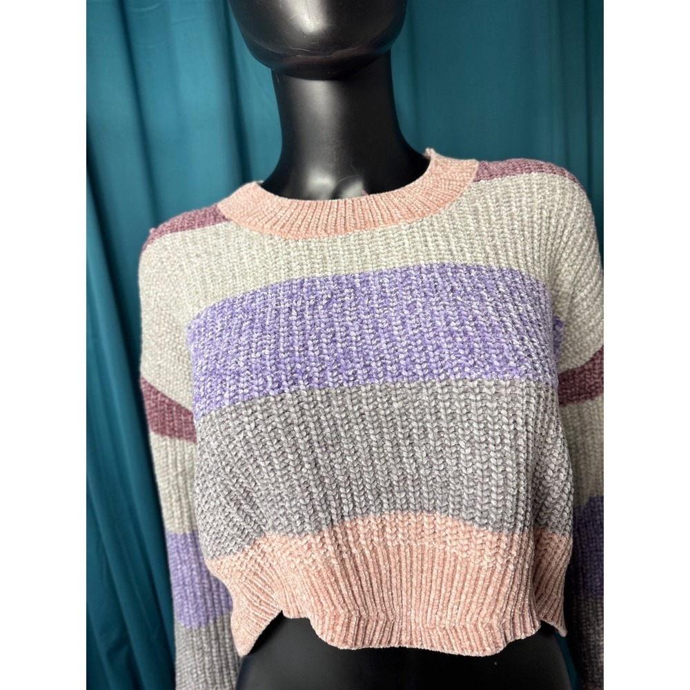 Luv Lane Chenille Striped Cropped Sweater Purple Pink Grey Small - Picture 2 of 7